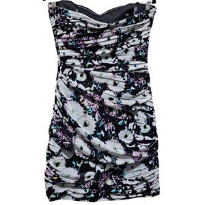 BCBGMAXAZRIA Strapless Floral Print Dress Size 8 Black Multi-Color Ruched Bodyco